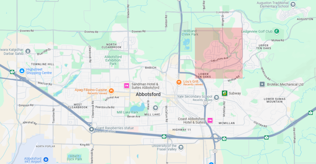 living in lower ten oaks Abbotsford map. Affordable and family friendly